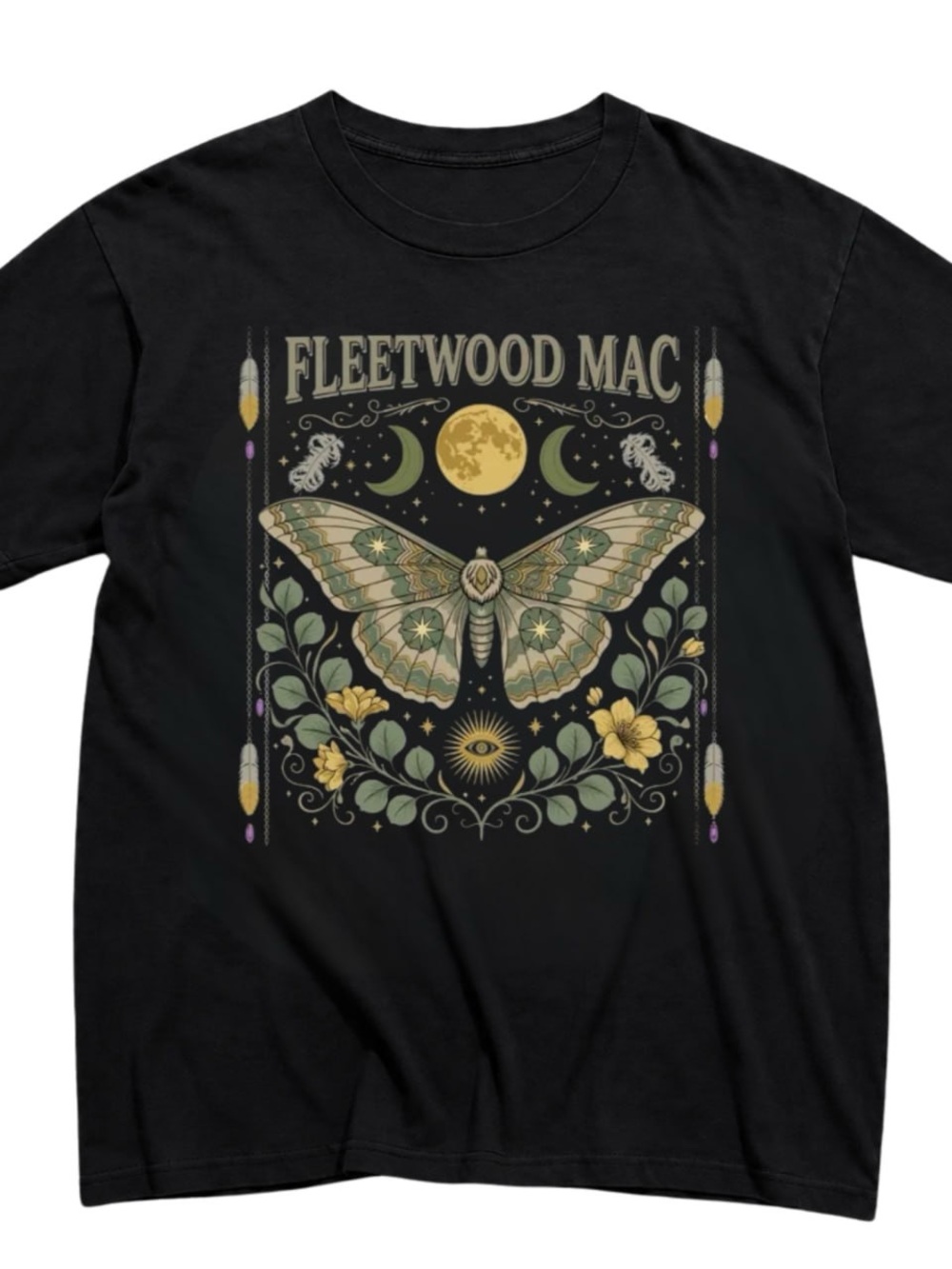 Gildan Black Fleetwood Mac Moth Graphic Tee with Gold and Green Accents
